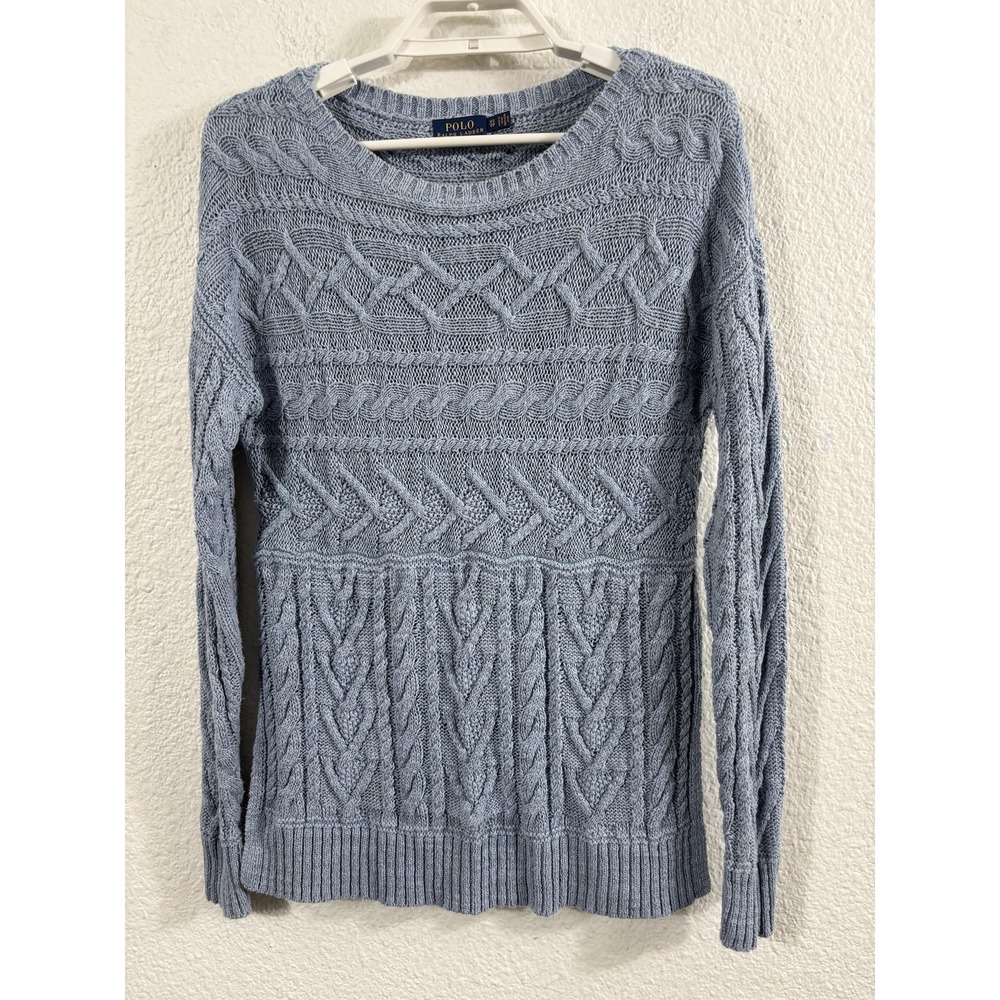 Polo Ralph Lauren Sweater Womens XS Blue‎ Cable Crewneck Pullover Side Vents